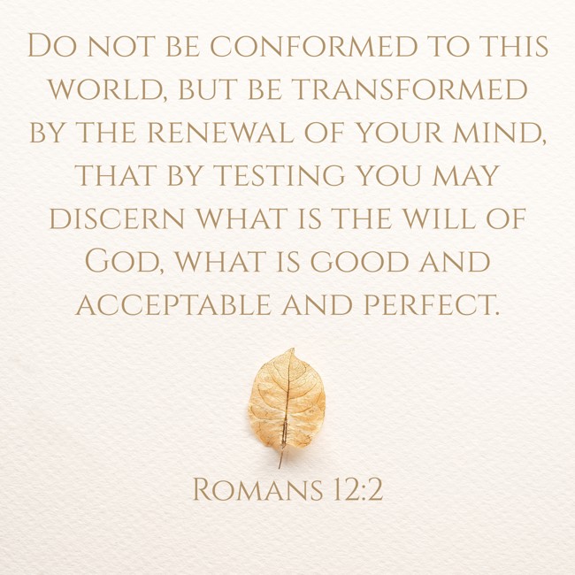 Do not be conformed to this world, but be transformed by the renewal of your mind, that by testing you may discern what is the will of God, what is good and acceptable and perfect. - Romans 12:2
