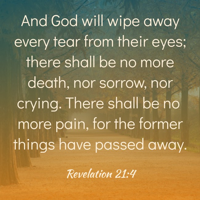 And God will wipe away every tear from their eyes; there shall be no more death, nor sorrow, nor crying. There shall be no more pain, for the former things have passed away. - Revelation 21:4