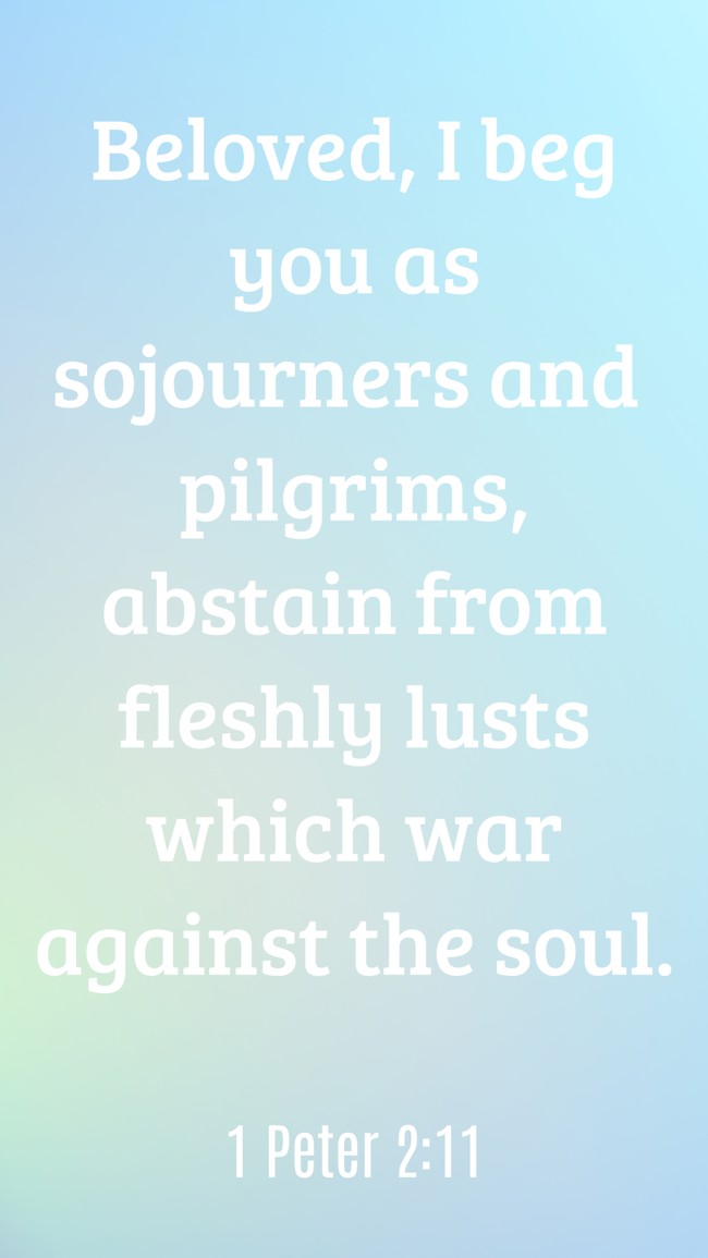 Beloved, I beg you as sojourners and pilgrims, abstain from fleshly lusts which war against the soul. - 1 Peter 2:11