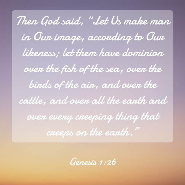  Then God said, “Let Us make man in Our image, according to Our likeness; let them have dominion over the fish of the sea, over the birds of the air, and over the cattle, and over all the earth and over every creeping thing that creeps on the earth.”   - Genesis 1:26 