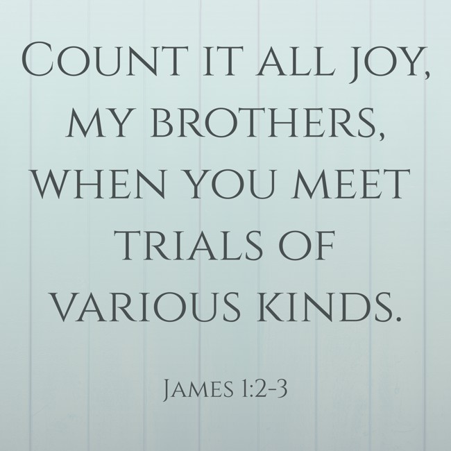 Count it all joy, my brothers, when you meet trials of various kinds. - James 1:2-3