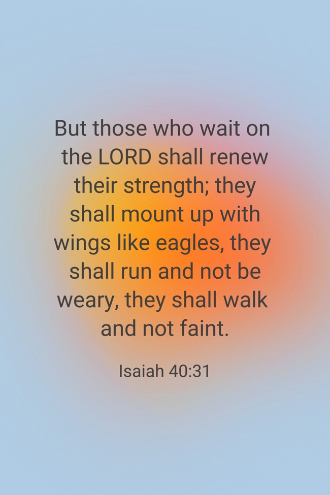 But those who wait on the LORD shall renew their strength; they shall mount up with wings like eagles, they shall run and not be weary, they shall walk and not faint. - Isaiah 40:31
