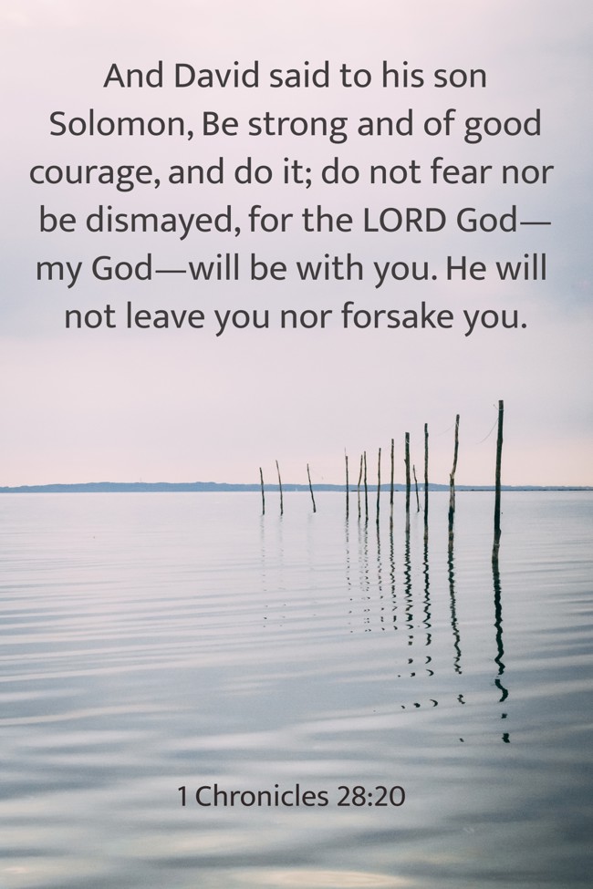 And David said to his son Solomon, Be strong and of good courage, and do it; do not fear nor be dismayed, for the LORD God—my God—will be with you. He will not leave you nor forsake you. - 1 Chronicles 28:20