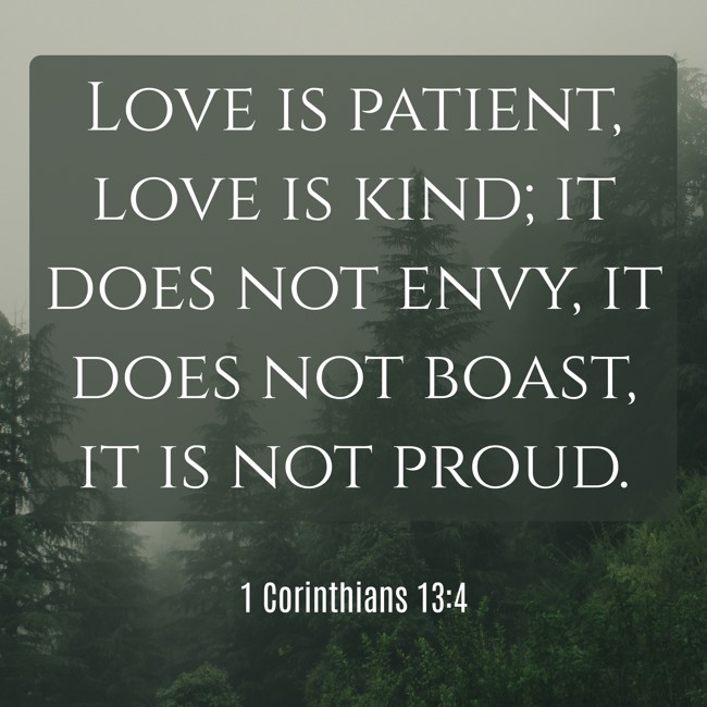 Love is patient, love is kind; it does not envy, it does not boast, it is not proud. - 1 Corinthians 13:4