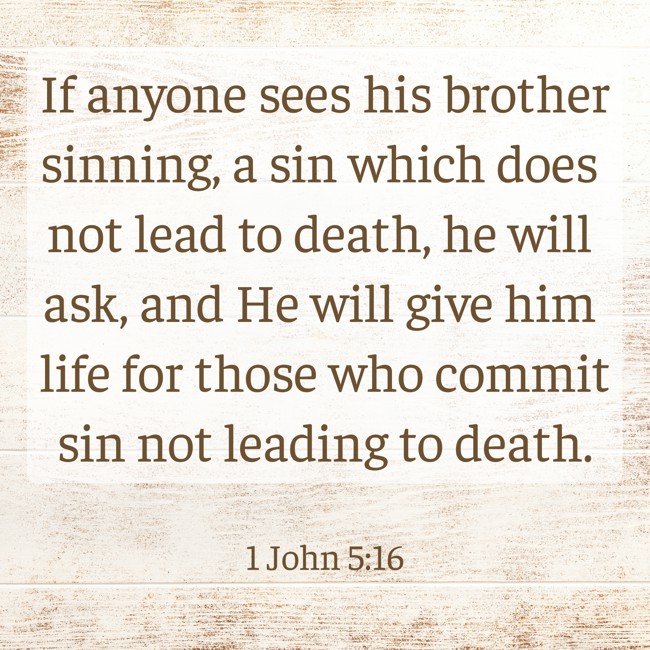 If anyone sees his brother sinning, a sin which does not lead to death, he will ask, and He will give him life for those who commit sin not leading to death. - 1 John 5:16
