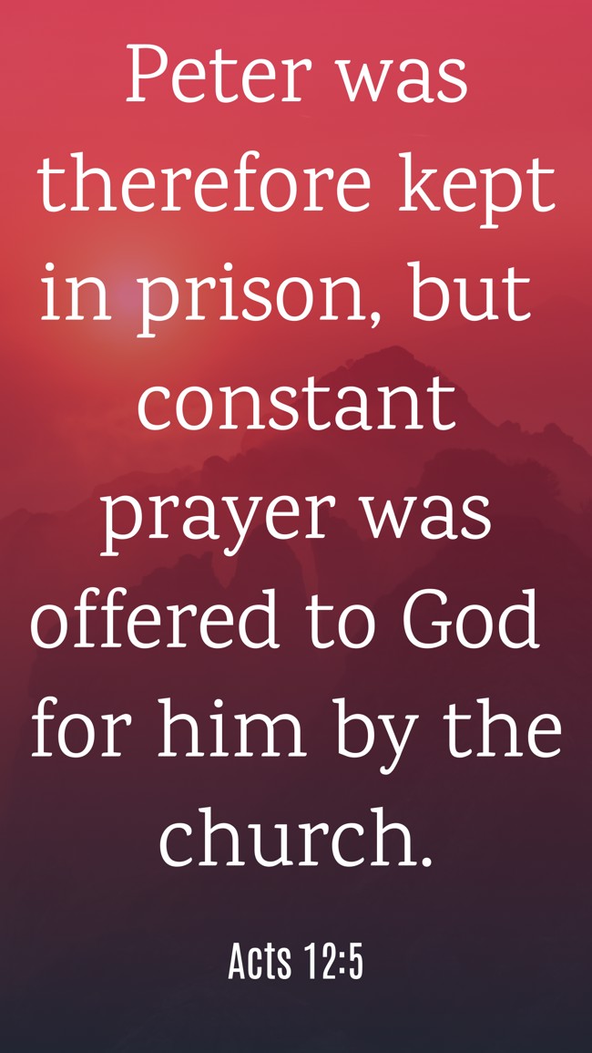Peter was therefore kept in prison, but constant prayer was offered to God for him by the church. - Acts 12:5