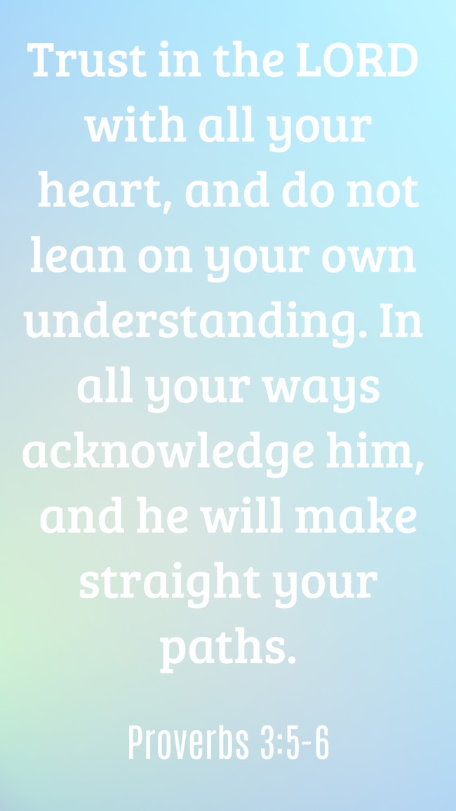 Trust in the LORD with all your heart, and do not lean on your own understanding. In all your ways acknowledge him, and he will make straight your paths. - Proverbs 3:5-6