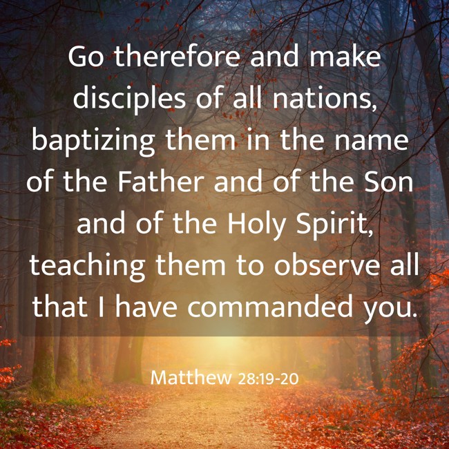 Go therefore and make disciples of all nations, baptizing them in the name of the Father and of the Son and of the Holy Spirit, teaching them to observe all that I have commanded you. - Matthew 28:19-20