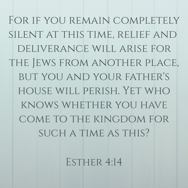 For if you remain completely silent at this time, relief and deliverance will arise for the Jews from another place, but you and your father's house will perish. Yet who knows whether you have come to the kingdom for such a time as this? - Esther 4:14