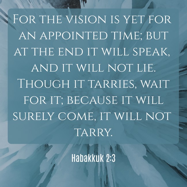 For the vision is yet for an appointed time; but at the end it will speak, and it will not lie. Though it tarries, wait for it; because it will surely come, it will not tarry. - Habakkuk 2:3