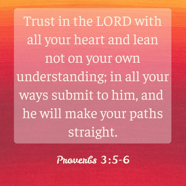 Trust in the LORD with all your heart and lean not on your own understanding; in all your ways submit to him, and he will make your paths straight. - Proverbs 3:5-6