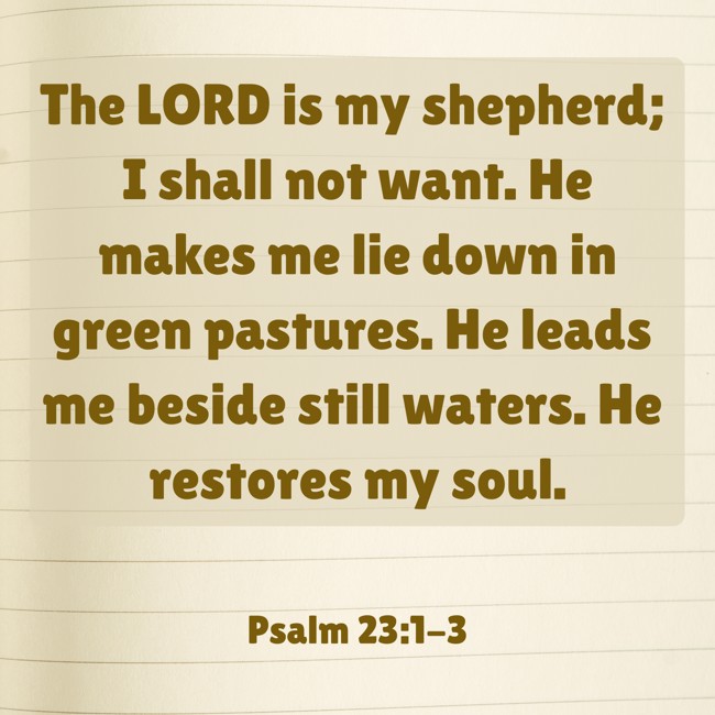 The LORD is my shepherd; I shall not want. He makes me lie down in green pastures. He leads me beside still waters. He restores my soul. - Psalm 23:1-3