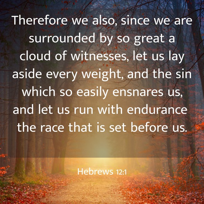 Therefore we also, since we are surrounded by so great a cloud of witnesses, let us lay aside every weight, and the sin which so easily ensnares us, and let us run with endurance the race that is set before us. - Hebrews 12:1