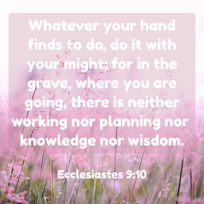 Whatever your hand finds to do, do it with your might; for in the grave, where you are going, there is neither working nor planning nor knowledge nor wisdom. - Ecclesiastes 9:10