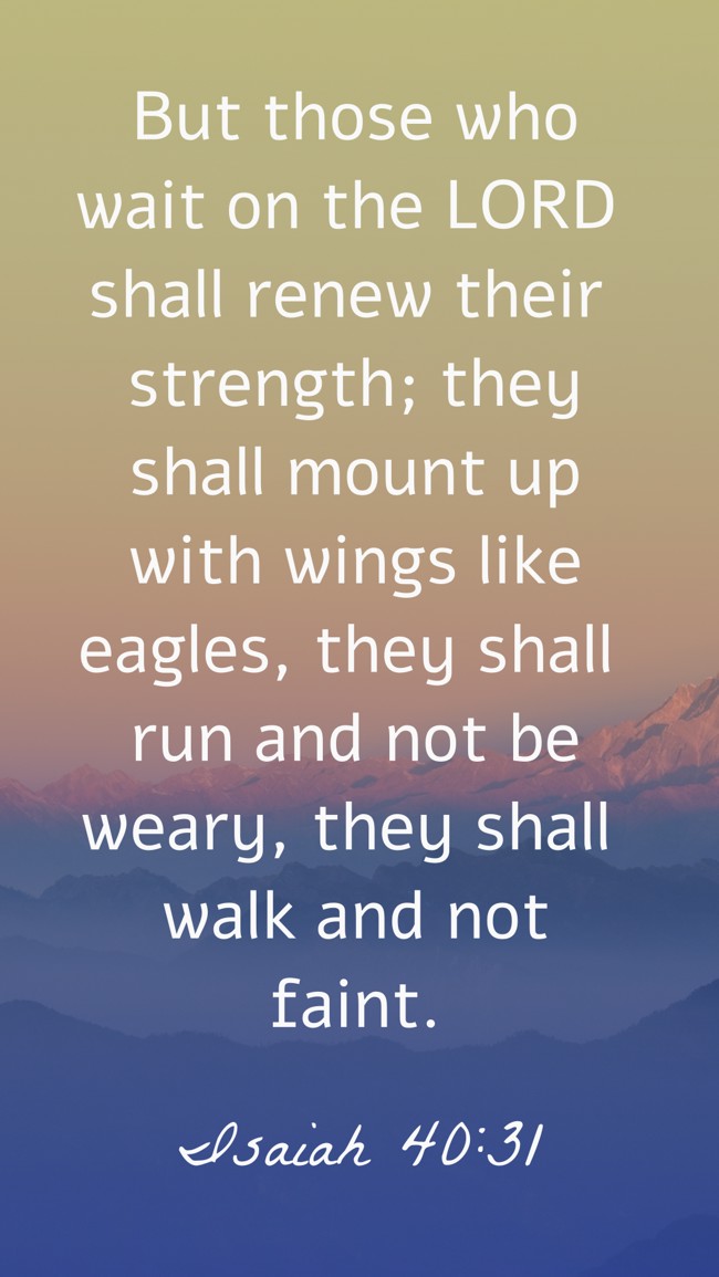 But those who wait on the LORD shall renew their strength; they shall mount up with wings like eagles, they shall run and not be weary, they shall walk and not faint. - Isaiah 40:31