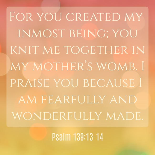 For you created my inmost being; you knit me together in my mother’s womb. I praise you because I am fearfully and wonderfully made. - Psalm 139:13-14