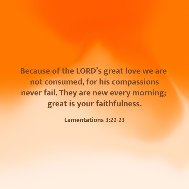 Because of the LORD’s great love we are not consumed, for his compassions never fail. They are new every morning; great is your faithfulness. - Lamentations 3:22-23