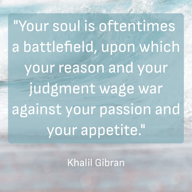Your soul is oftentimes a battlefield, upon which your reason and your judgment wage war against your passion and your appetite. - Khalil Gibran