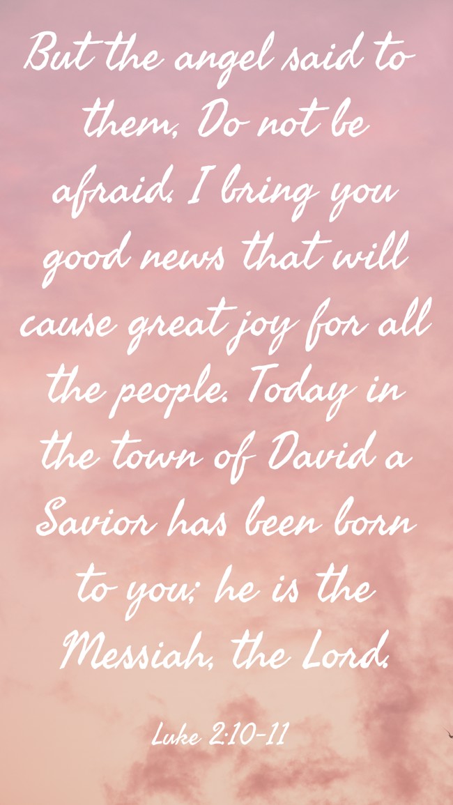 But the angel said to them, Do not be afraid. I bring you good news that will cause great joy for all the people. Today in the town of David a Savior has been born to you; he is the Messiah, the Lord. - Luke 2:10-11