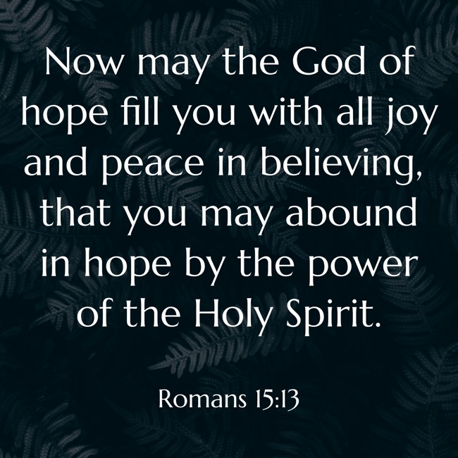 Now may the God of hope fill you with all joy and peace in believing, that you may abound in hope by the power of the Holy Spirit. - Romans 15:13