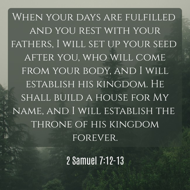 When your days are fulfilled and you rest with your fathers, I will set up your seed after you, who will come from your body, and I will establish his kingdom. He shall build a house for My name, and I will establish the throne of his kingdom forever. - 2 Samuel 7:12-13