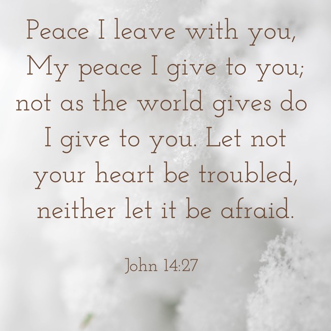 Peace I leave with you, My peace I give to you; not as the world gives do I give to you. Let not your heart be troubled, neither let it be afraid. - John 14:27