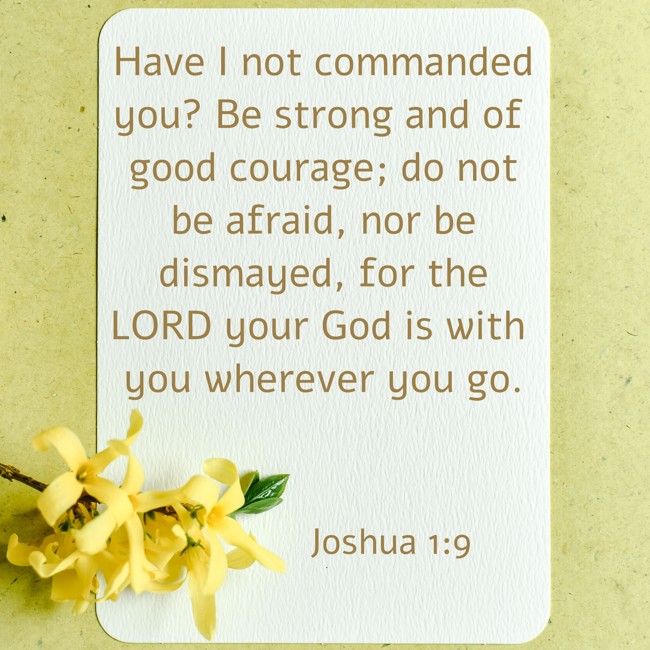 Have I not commanded you? Be strong and of good courage; do not be afraid, nor be dismayed, for the LORD your God is with you wherever you go. - Joshua 1:9