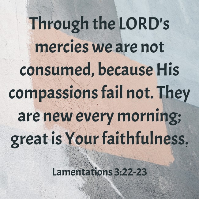 Through the LORD's mercies we are not consumed, because His compassions fail not. They are new every morning; great is Your faithfulness. - Lamentations 3:22-23