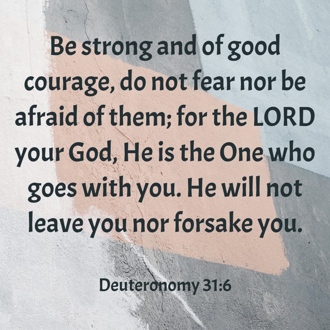 Be strong and of good courage, do not fear nor be afraid of them; for the LORD your God, He is the One who goes with you. He will not leave you nor forsake you. - Deuteronomy 31:6