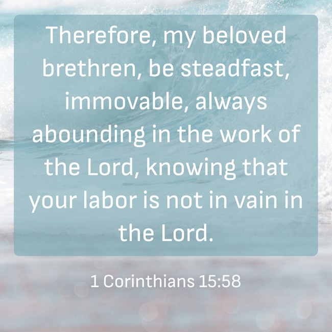 Therefore, my beloved brethren, be steadfast, immovable, always abounding in the work of the Lord, knowing that your labor is not in vain in the Lord. - 1 Corinthians 15:58