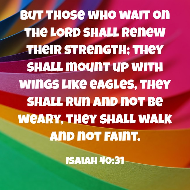 But those who wait on the LORD shall renew their strength; they shall mount up with wings like eagles, they shall run and not be weary, they shall walk and not faint. - Isaiah 40:31