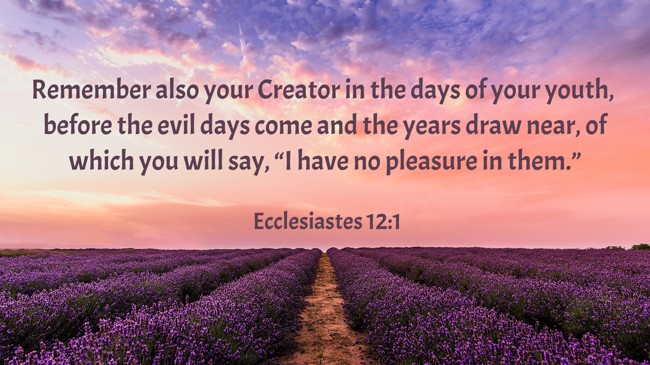Remember also your Creator in the days of your youth, before the evil days come and the years draw near, of which you will say, “I have no pleasure in them.” - Ecclesiastes 12:1