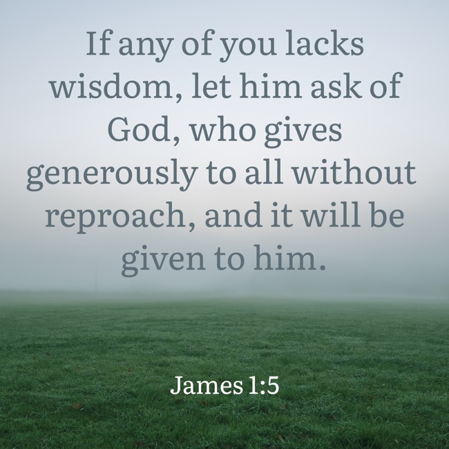 If any of you lacks wisdom, let him ask of God, who gives generously to all without reproach, and it will be given to him. - James 1:5