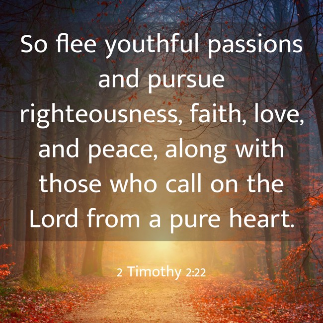 So flee youthful passions and pursue righteousness, faith, love, and peace, along with those who call on the Lord from a pure heart. - 2 Timothy 2:22