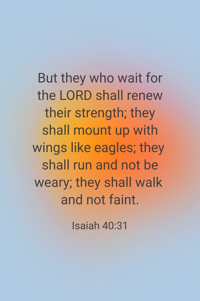But they who wait for the LORD shall renew their strength; they shall mount up with wings like eagles; they shall run and not be weary; they shall walk and not faint. - Isaiah 40:31