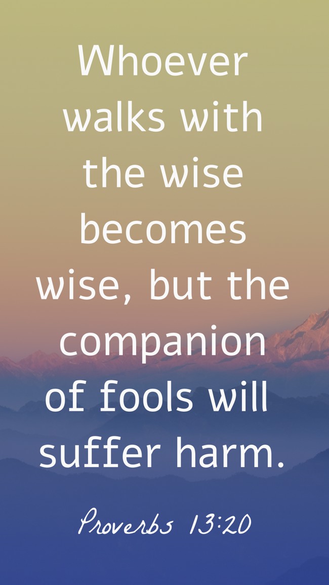 Whoever walks with the wise becomes wise, but the companion of fools will suffer harm. - Proverbs 13:20