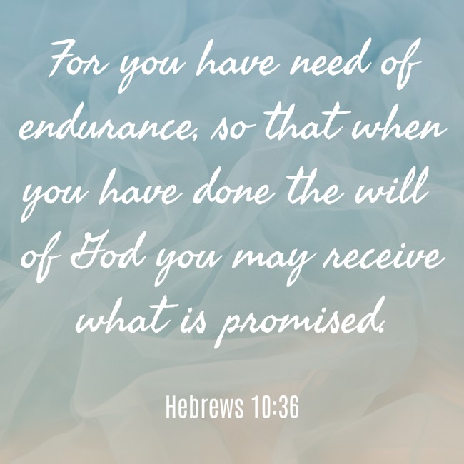 For you have need of endurance, so that when you have done the will of God you may receive what is promised. - Hebrews 10:36
