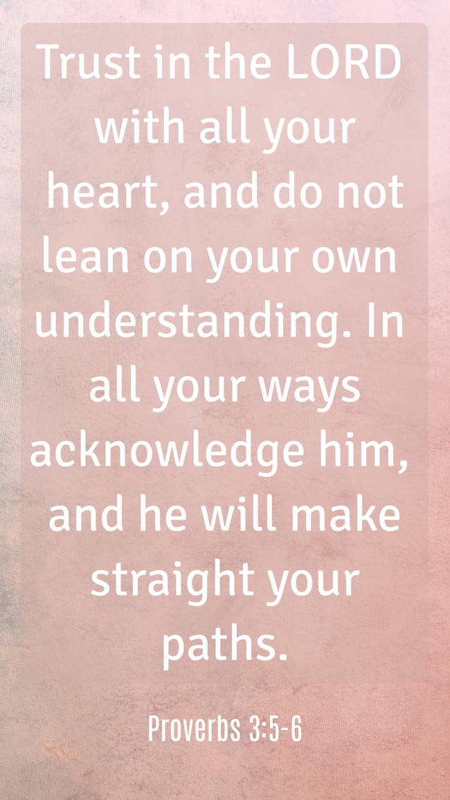 Trust in the LORD with all your heart, and do not lean on your own understanding. In all your ways acknowledge him, and he will make straight your paths. - Proverbs 3:5-6
