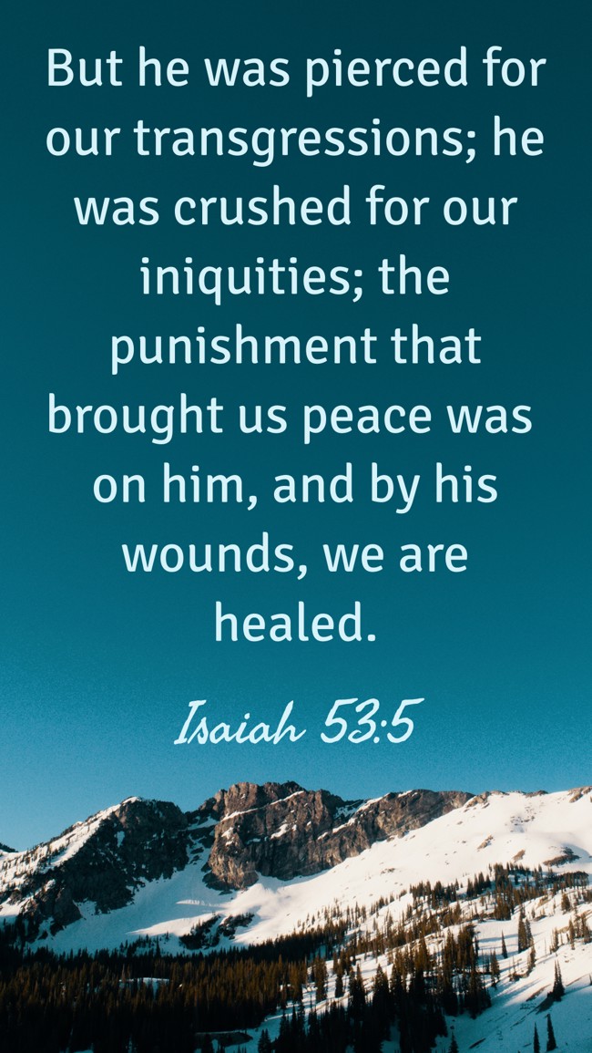 But he was pierced for our transgressions; he was crushed for our iniquities; the punishment that brought us peace was on him, and by his wounds, we are healed. - Isaiah 53:5