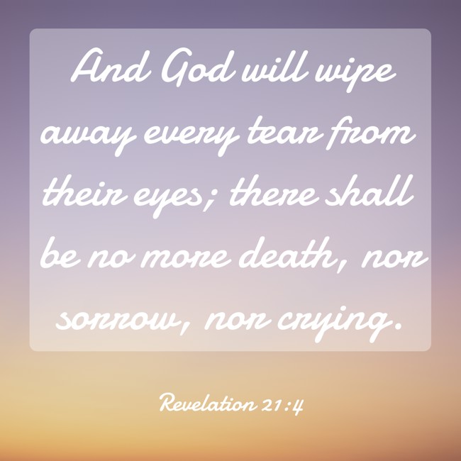 And God will wipe away every tear from their eyes; there shall be no more death, nor sorrow, nor crying. - Revelation 21:4