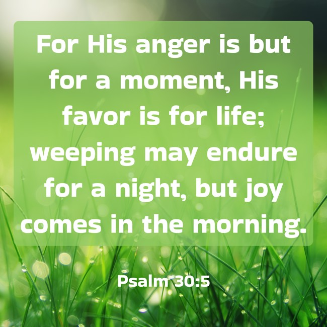 For His anger is but for a moment, His favor is for life; weeping may endure for a night, but joy comes in the morning. - Psalm 30:5