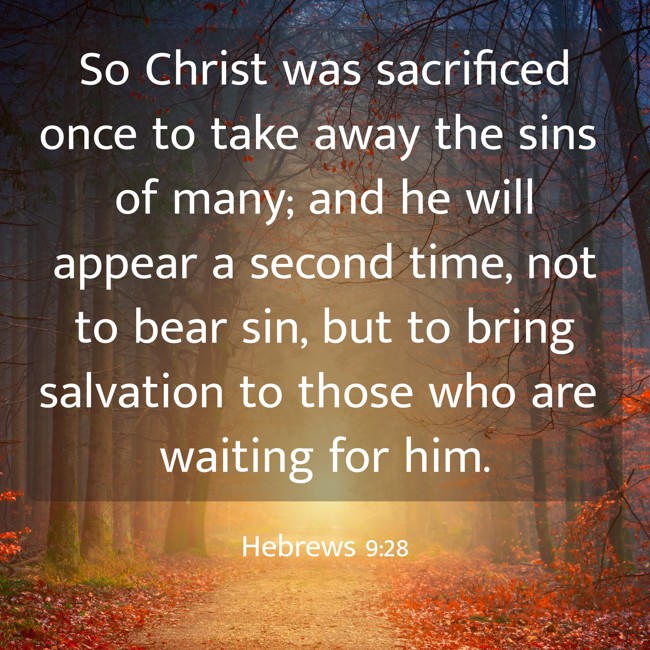 So Christ was sacrificed once to take away the sins of many; and he will appear a second time, not to bear sin, but to bring salvation to those who are waiting for him. - Hebrews 9:28