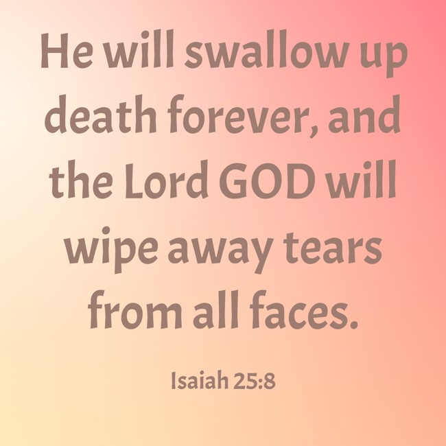 He will swallow up death forever, and the Lord GOD will wipe away tears from all faces. - Isaiah 25:8