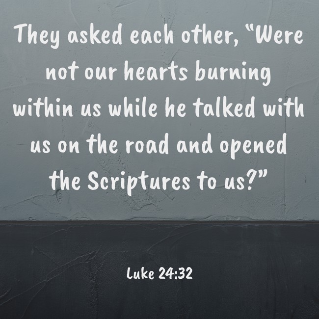They asked each other, “Were not our hearts burning within us while he talked with us on the road and opened the Scriptures to us?” - Luke 24:32