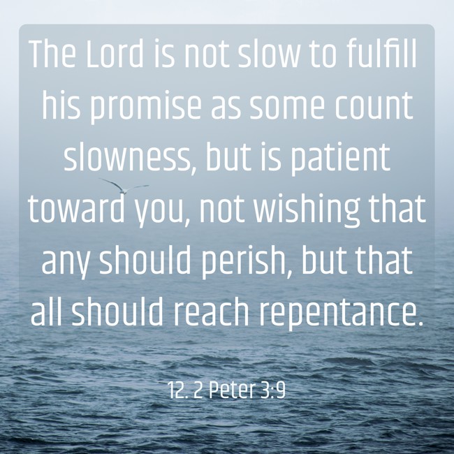 The Lord is not slow to fulfill his promise as some count slowness, but is patient toward you, not wishing that any should perish, but that all should reach repentance. - 12. 2 Peter 3:9