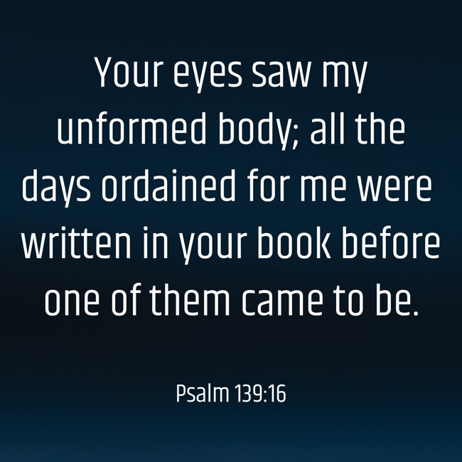 Your eyes saw my unformed body; all the days ordained for me were written in your book before one of them came to be. - Psalm 139:16