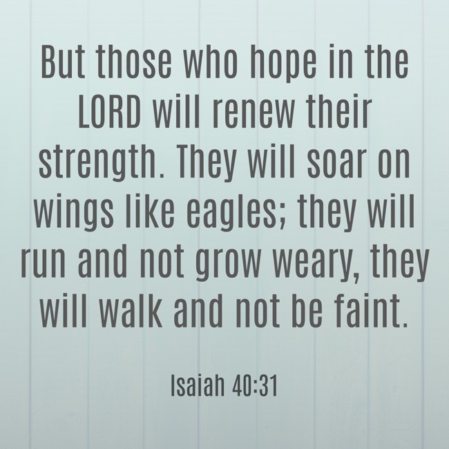 But those who hope in the LORD will renew their strength. They will soar on wings like eagles; they will run and not grow weary, they will walk and not be faint. - Isaiah 40:31