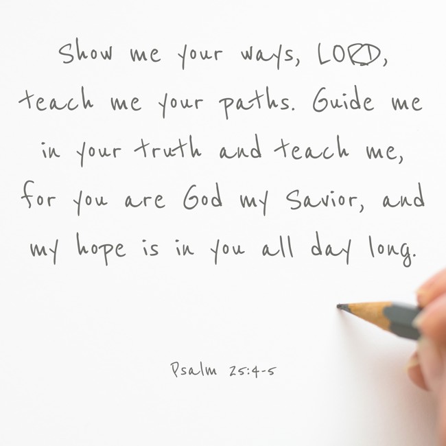 Show me your ways, LORD, teach me your paths. Guide me in your truth and teach me, for you are God my Savior, and my hope is in you all day long. - Psalm 25:4-5