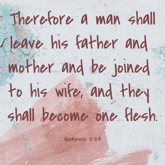 Therefore a man shall leave his father and mother and be joined to his wife, and they shall become one flesh. - Genesis 2:24