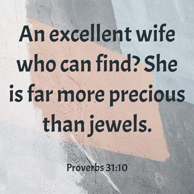 An excellent wife who can find? She is far more precious than jewels. - Proverbs 31:10